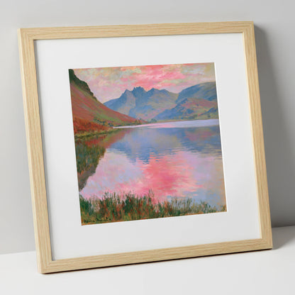 Pink Sunset Reflections on Loweswater lake district lake art print in natural frame