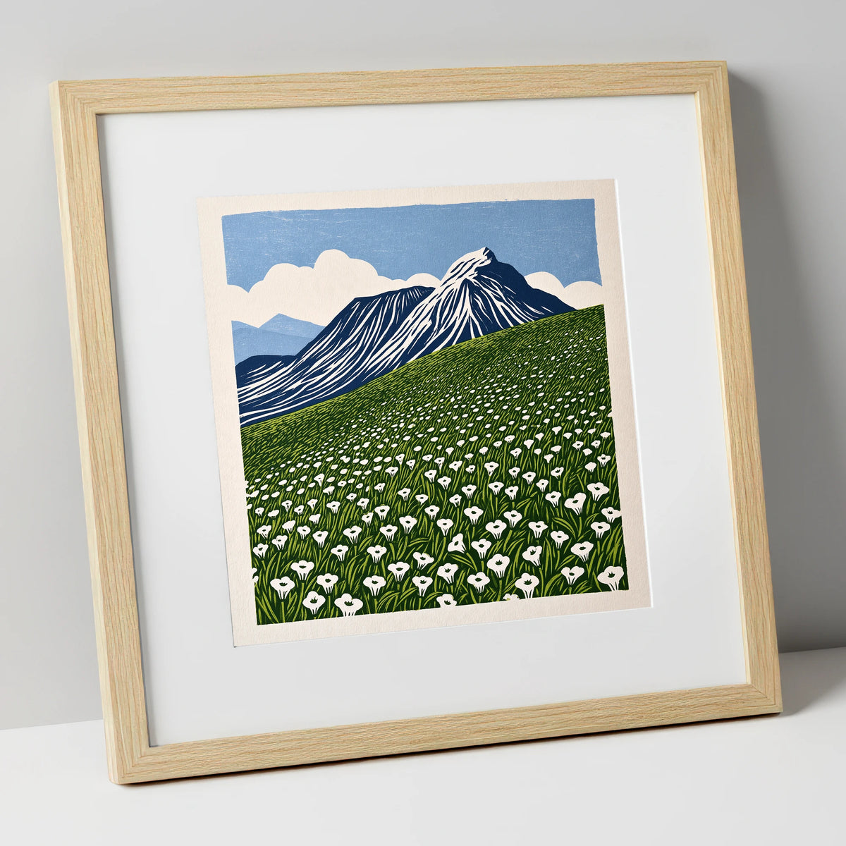 Blencathra and White Fellside Blooms lake district fell art print in natural frame