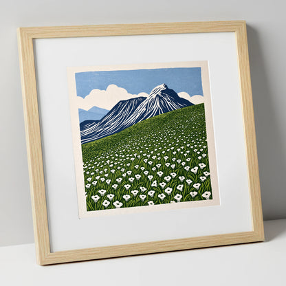 Blencathra and White Fellside Blooms lake district fell art print in natural frame