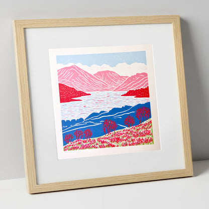 Bold Pink Fells Above Ennerdale lake district valley art print in natural frame