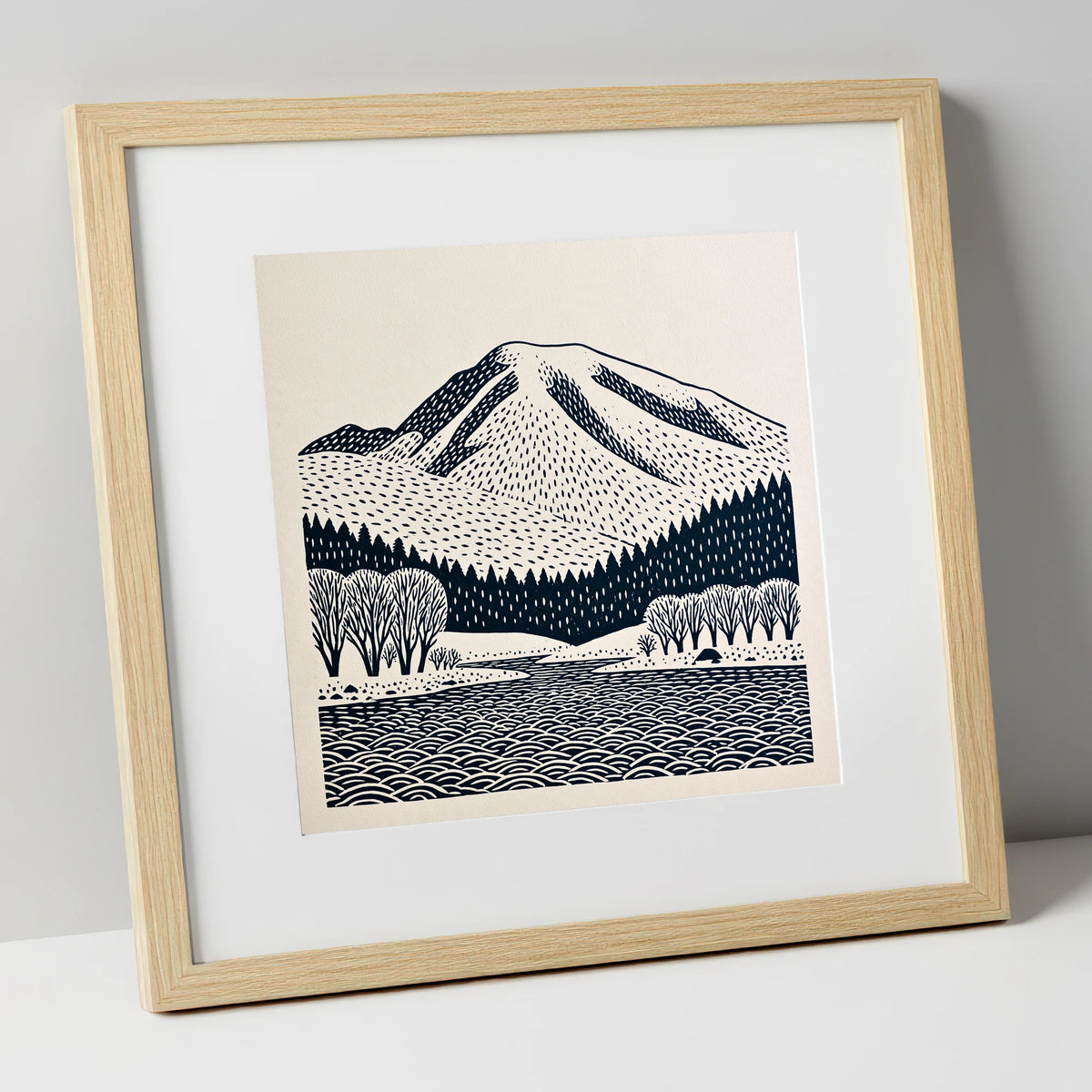 Graphic Skiddaw Mountain Scene lake district fell art print in natural frame