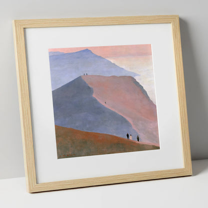 Walkers on a Dusk Ridge lake district walking art print in natural frame