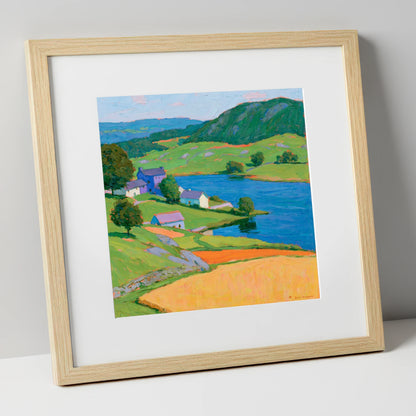 Vibrant Village on the Lakeshore lake district village art print in natural frame