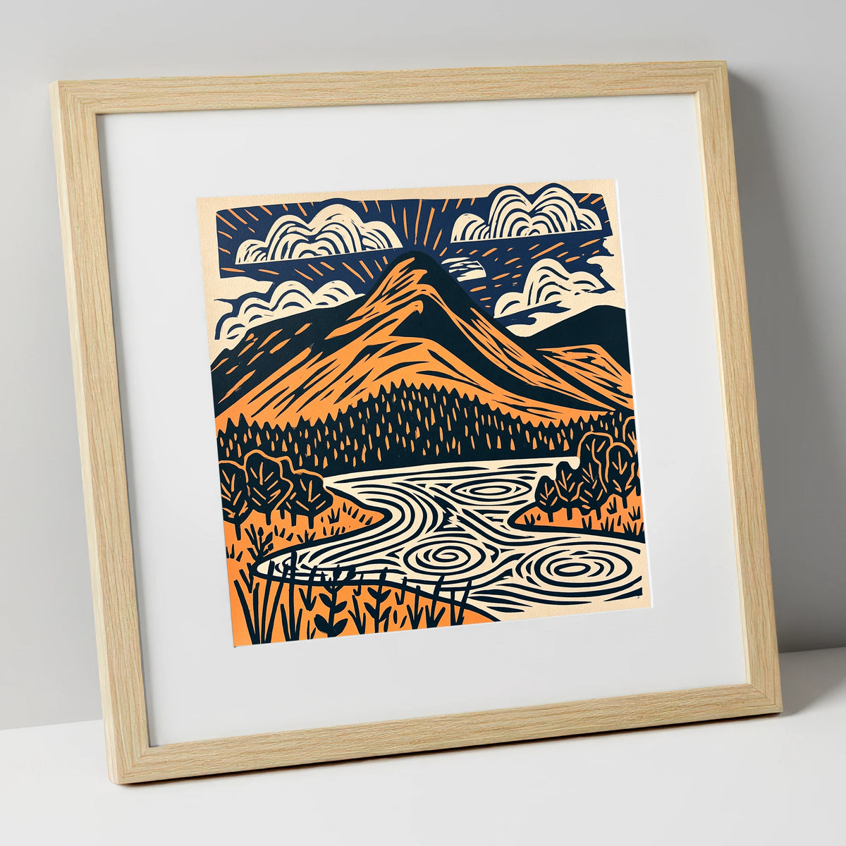 Catbells in Terracotta and Navy lake district fell art print in natural frame