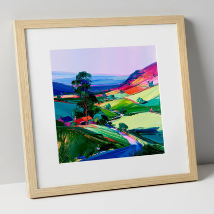 Vibrant Patchwork Dale Fields lake district valley art print in natural frame