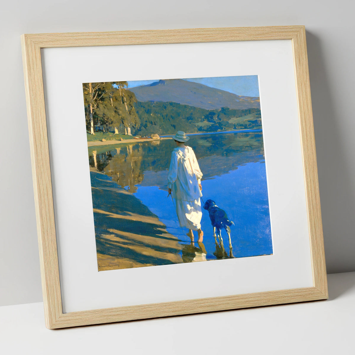 Sunlit Dog Walk Coniston Water gifts for dog walkers art print in natural frame