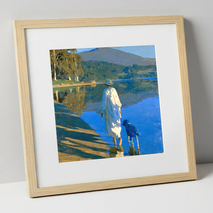 Sunlit Dog Walk Coniston Water gifts for dog walkers art print in natural frame