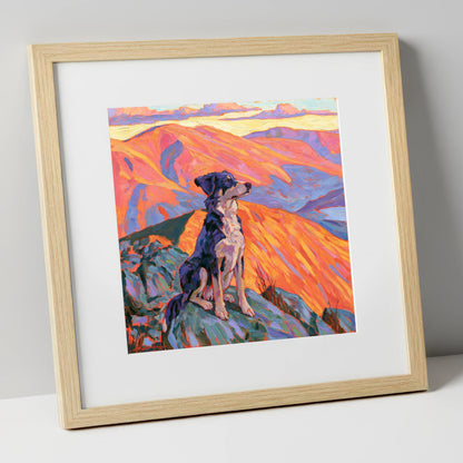 Vibrant Dog on Braithwaite Summit gifts for dog walkers art print in natural frame