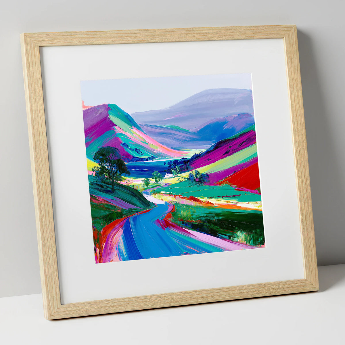 Vibrant Rolling Fells and Valley lake district fell art print in natural frame