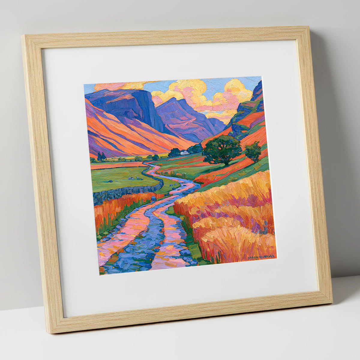 Sunlit Fell Side and Winding Beck lake district valley art print in natural frame