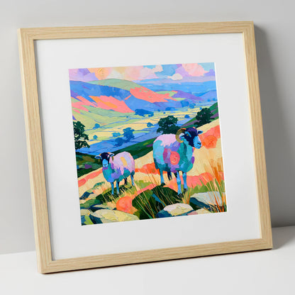 Vibrant Herdwick Sheep Fellside lake district wildlife art print in natural frame
