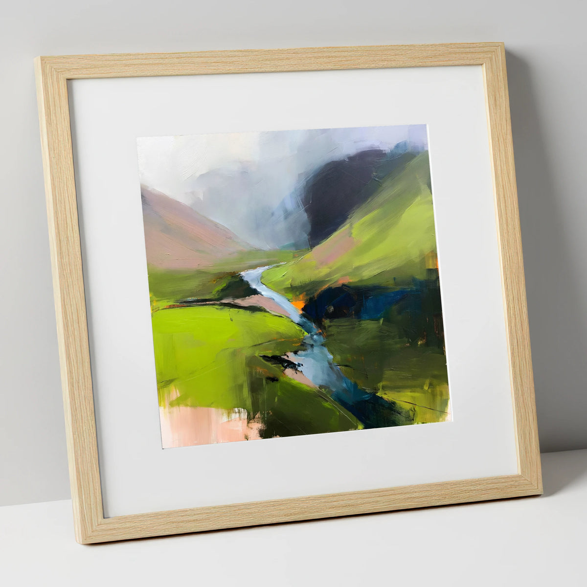 Winding River and Vibrant Fells lake district waterfall art print in natural frame