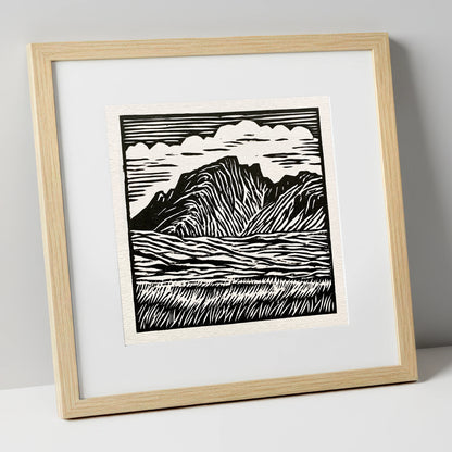 Scafell Pike in Bold Monochrome lake district fell art print in natural frame