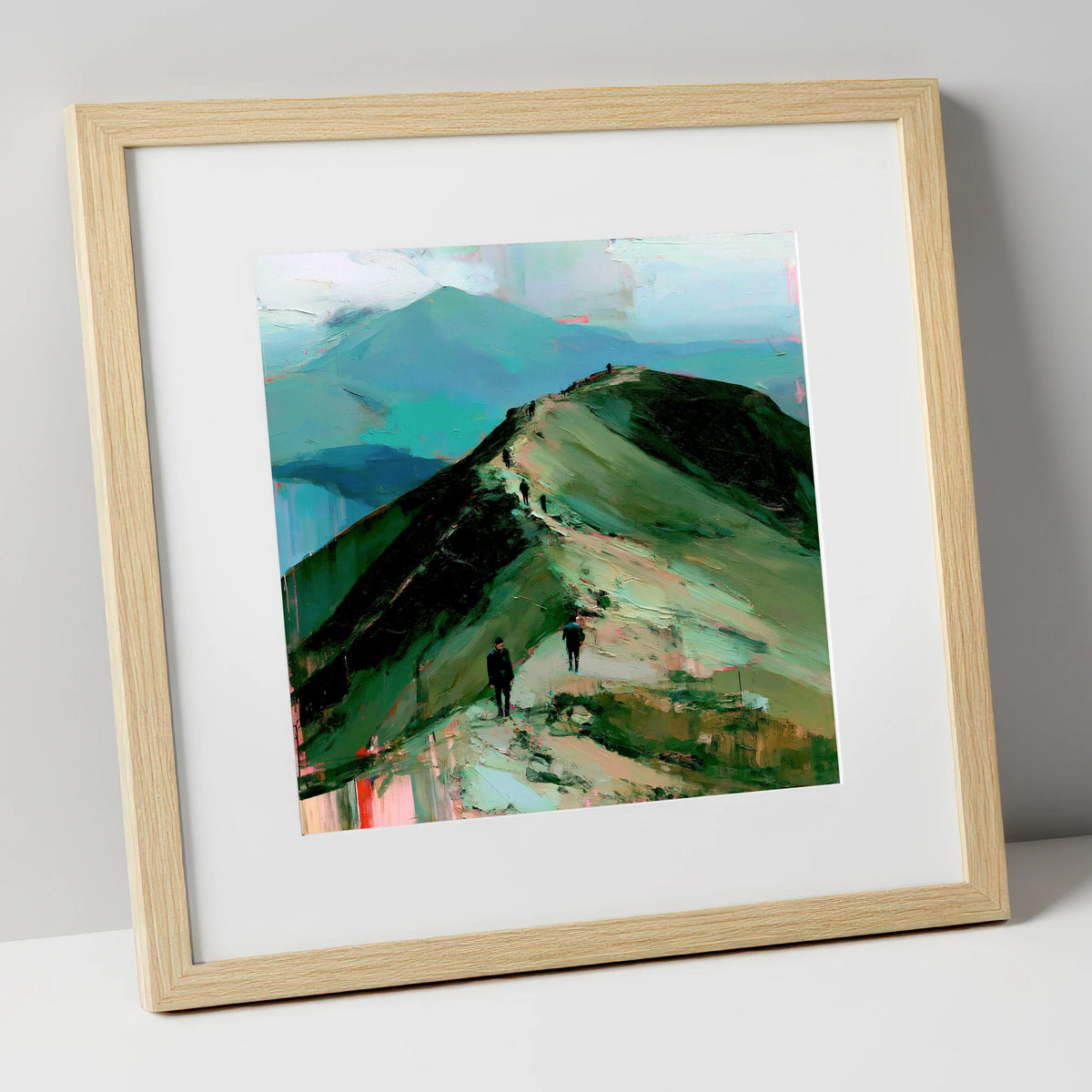 Silhouetted Hikers on Fell Ridge lake district fell art print in natural frame