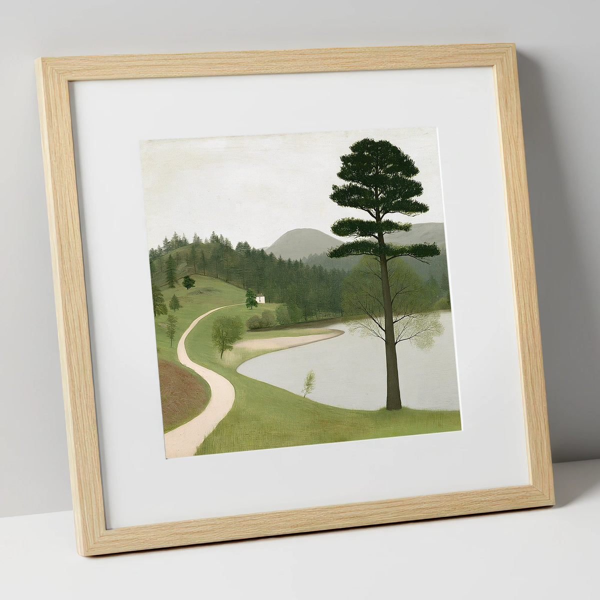Tall Pine at Tarn Hows lake district lake art print in natural frame