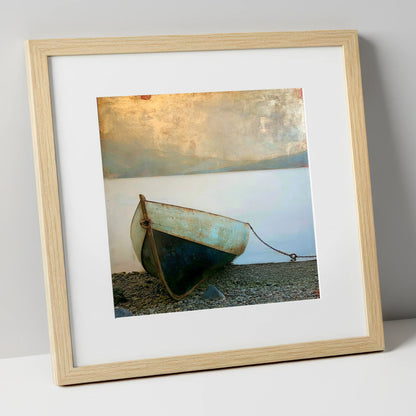 Grounded Teal Boat on Windermere lake district lake art print in natural frame