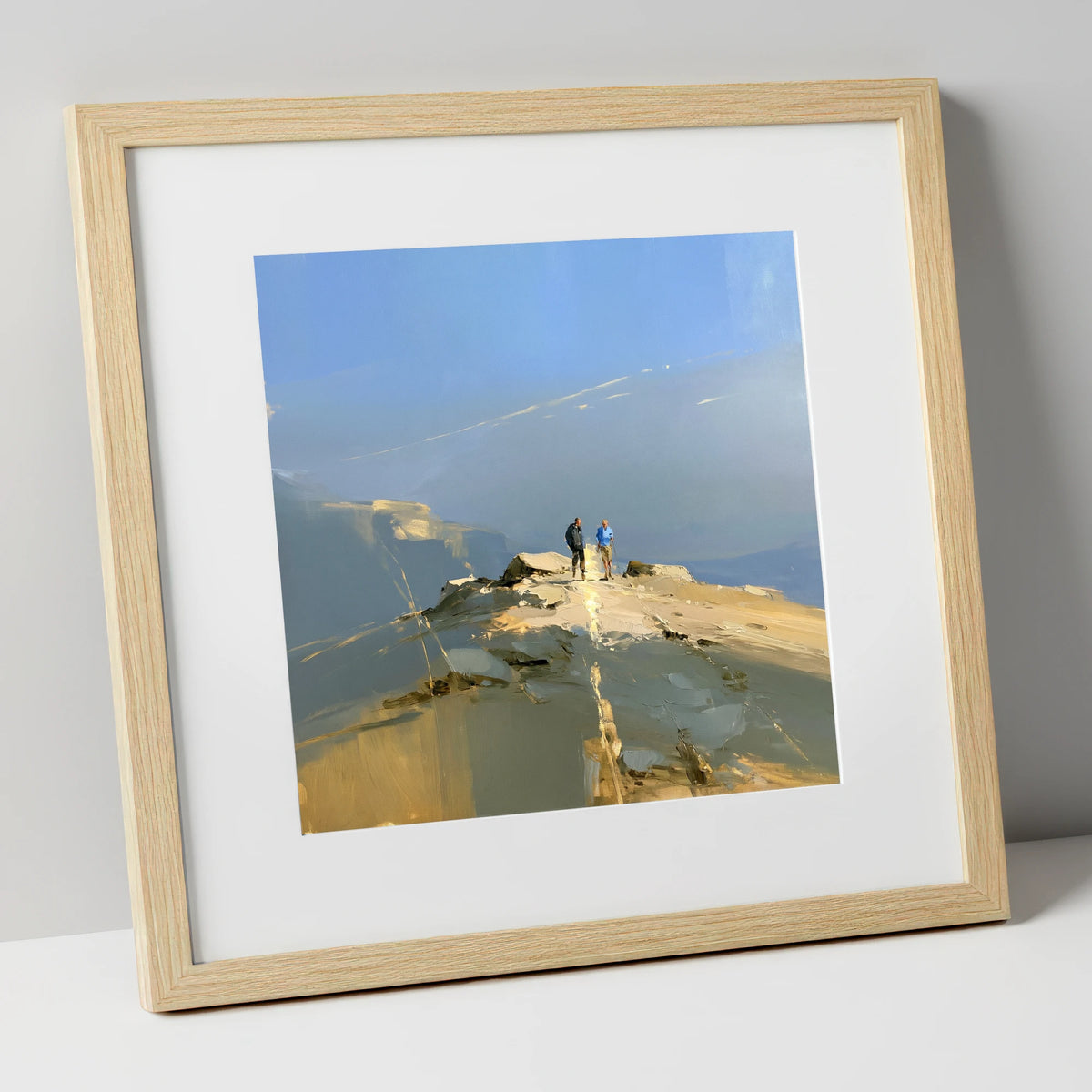 Walkers on a Sunlit Ridge lake district walking art print in natural frame