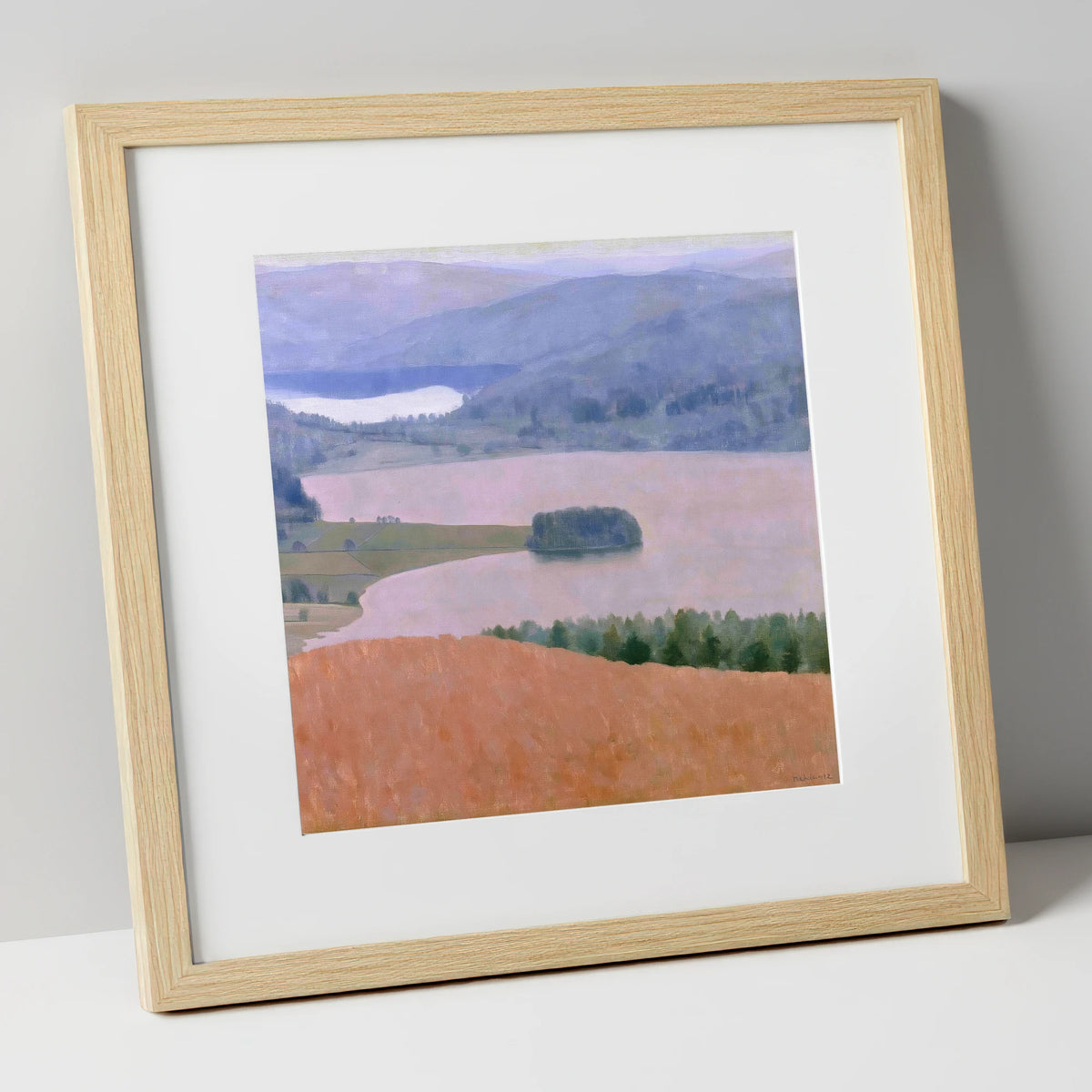 Grasmere Lake in Dusky Pink lake district lake art print in natural frame
