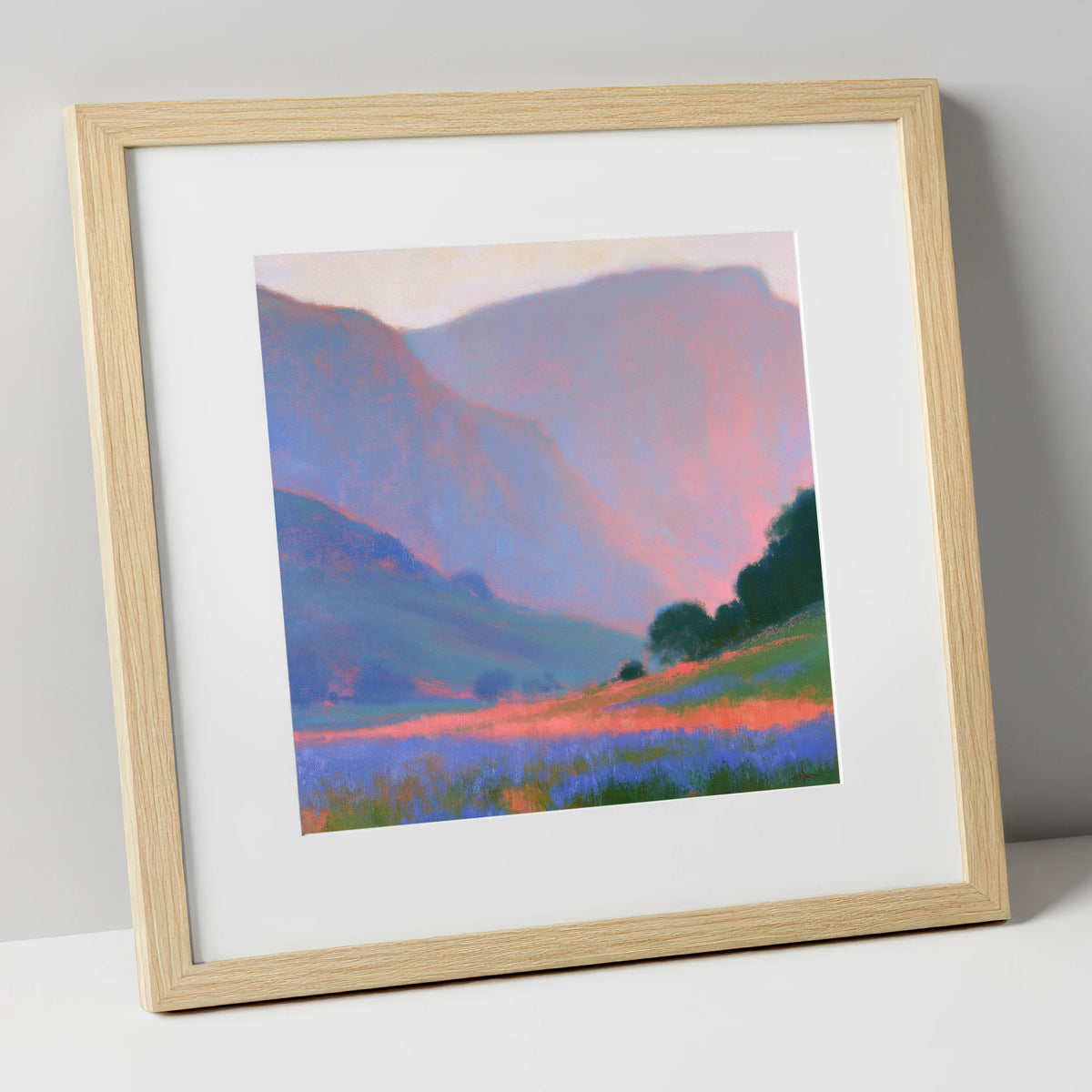 Pink Light Over Valley Fells lake district valley art print in natural frame