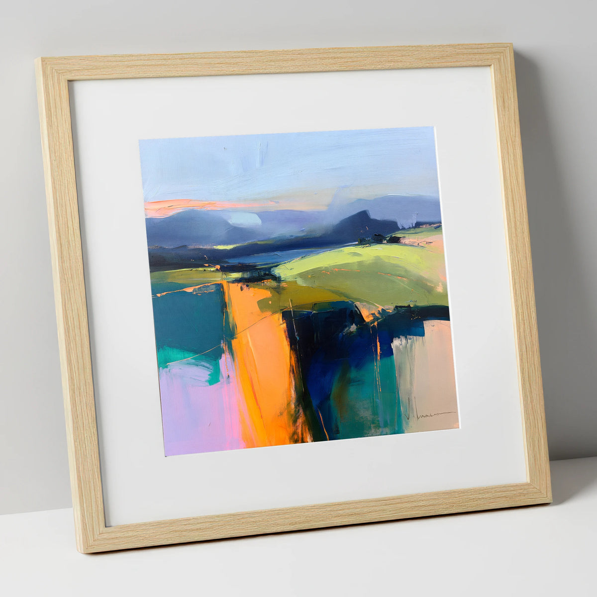 Vibrant Golden Evening Fells lake district sky art print in natural frame