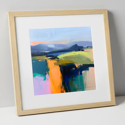 Vibrant Golden Evening Fells lake district sky art print in natural frame
