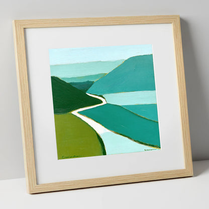 Winding Mountain Pass in Teal lake district valley art print in natural frame