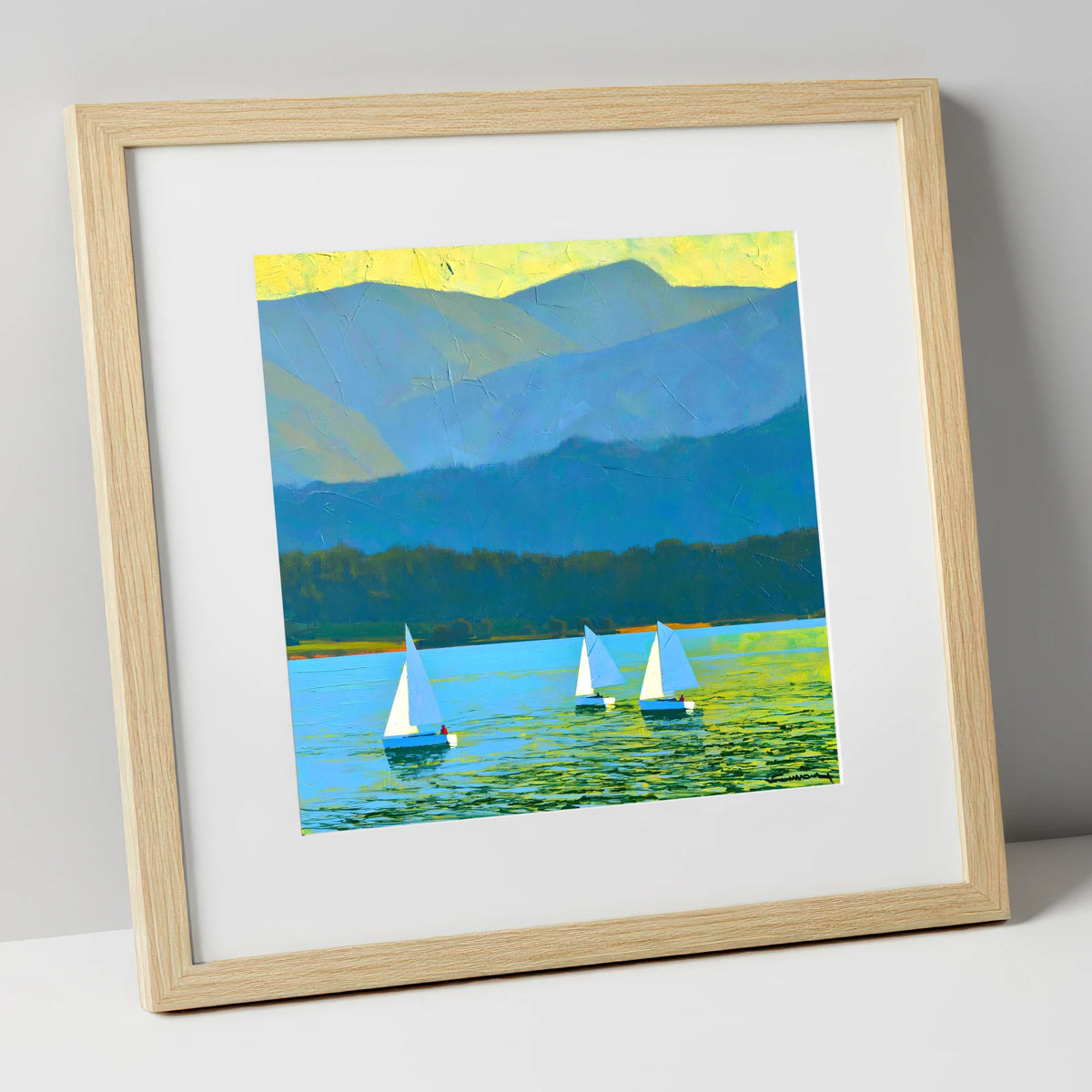 Windermere Sailboats Against Blue Fells lake district lake art print in natural frame