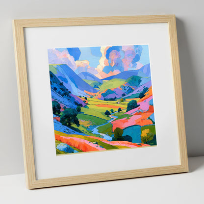 Lavender Fells and Valley Beck lake district valley art print in natural frame