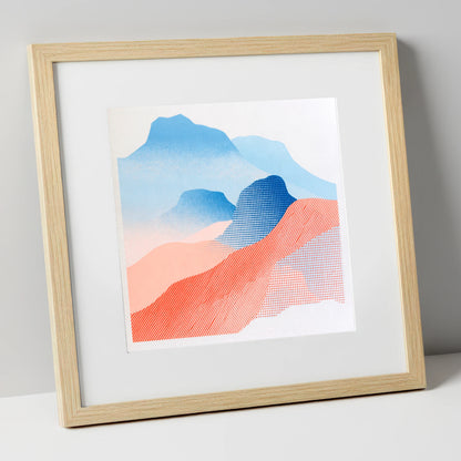 Coral and Blue Langdale Pikes lake district fell art print in natural frame