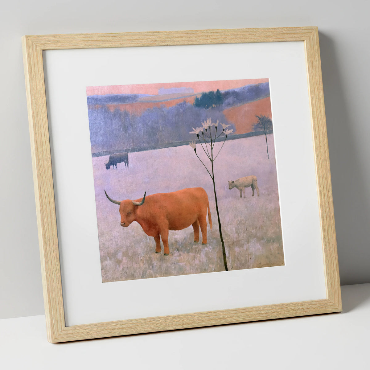 Highland Cattle on Frosted Fells lake district wildlife art print in natural frame