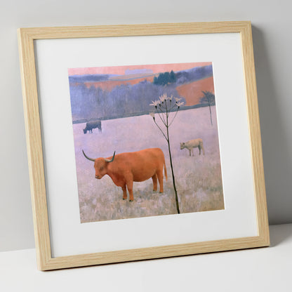 Highland Cattle on Frosted Fells lake district wildlife art print in natural frame