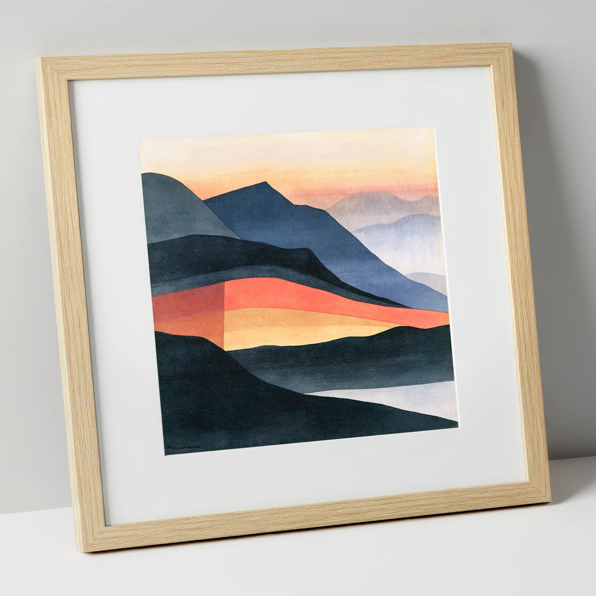 Charcoal and Terracotta Summit View lake district fell art print in natural frame