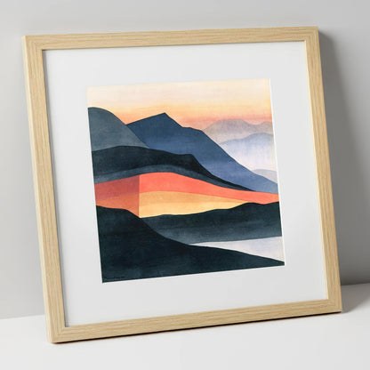 Charcoal and Terracotta Summit View lake district fell art print in natural frame