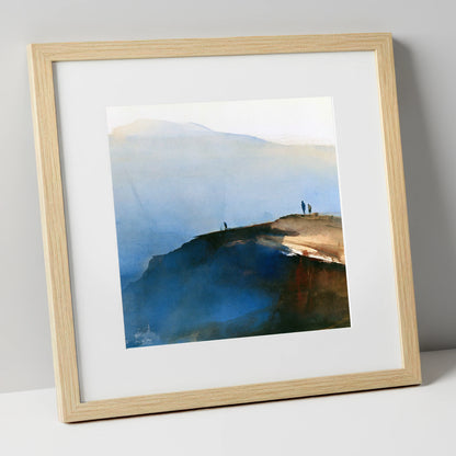 Indigo Fell Edge with Hikers lake district fell art print in natural frame