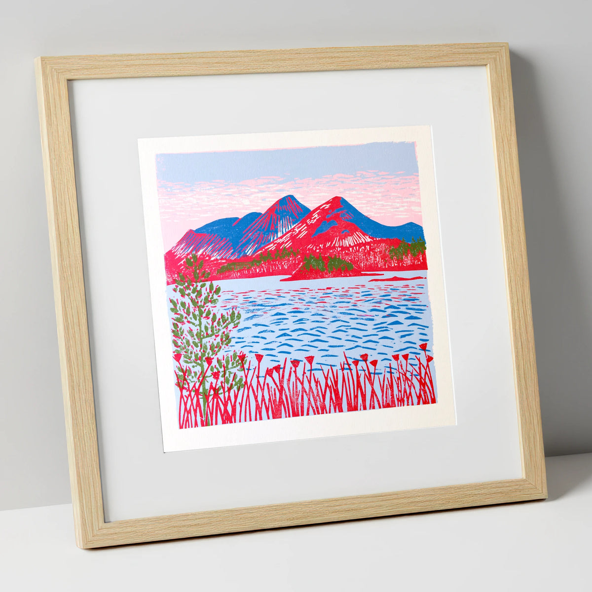 Vibrant Catbells Across The Water lake district fell art print in natural frame