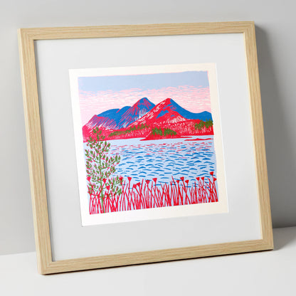 Vibrant Catbells Across The Water lake district fell art print in natural frame