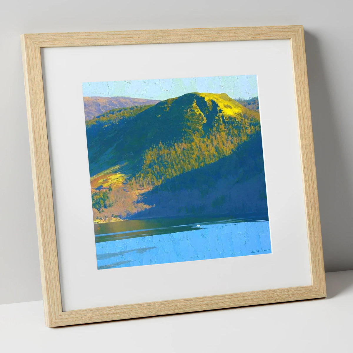 Vivid Sunlight on Walla Crag lake district fell art print in natural frame