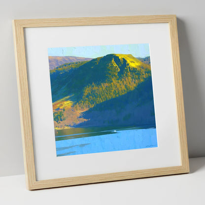 Vivid Sunlight on Walla Crag lake district fell art print in natural frame