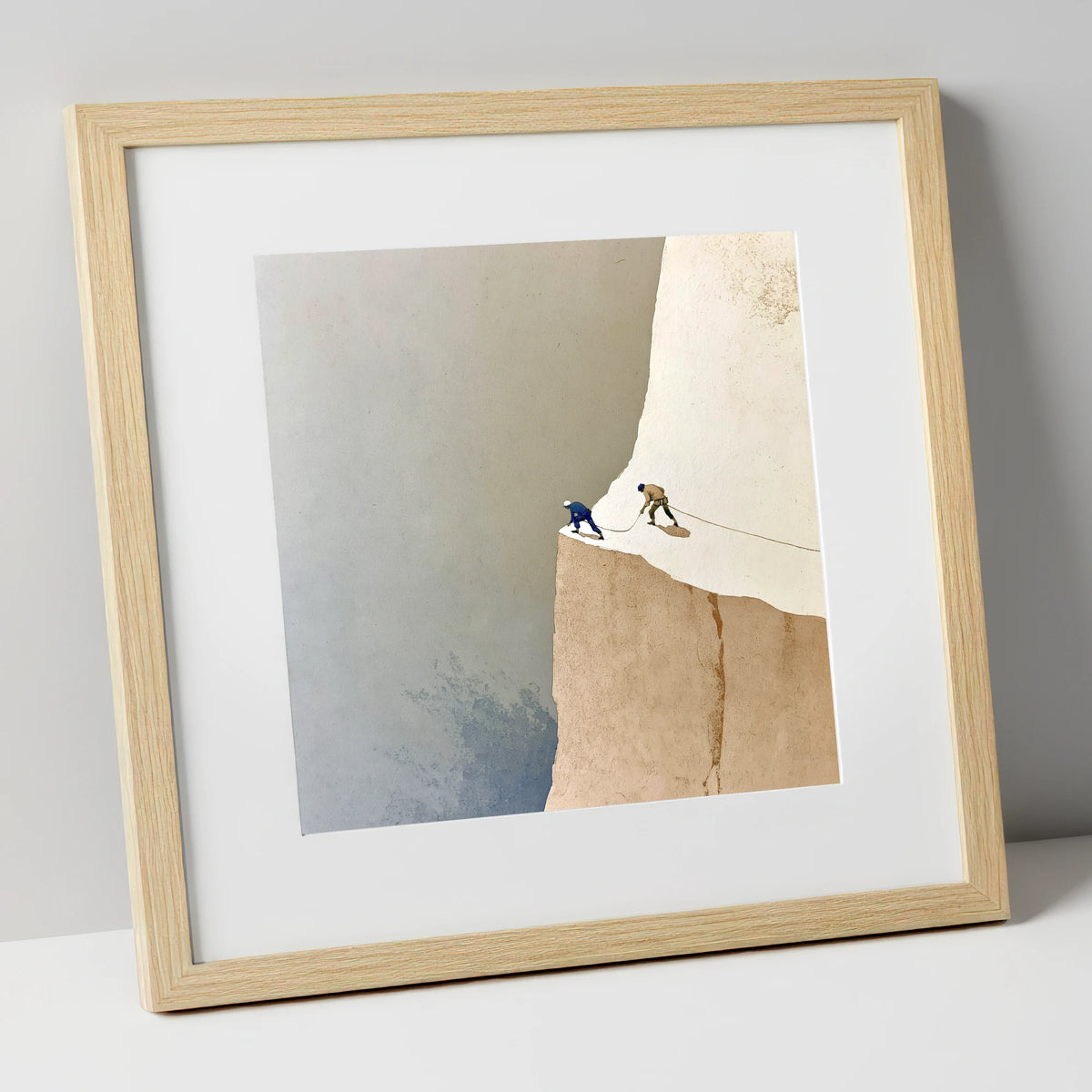 Climbers on a Misty Crag lake district walking art print in natural frame