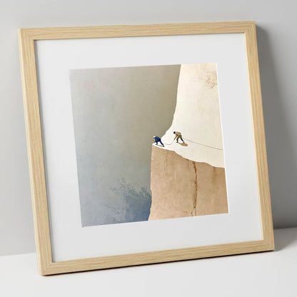 Climbers on a Misty Crag lake district walking art print in natural frame