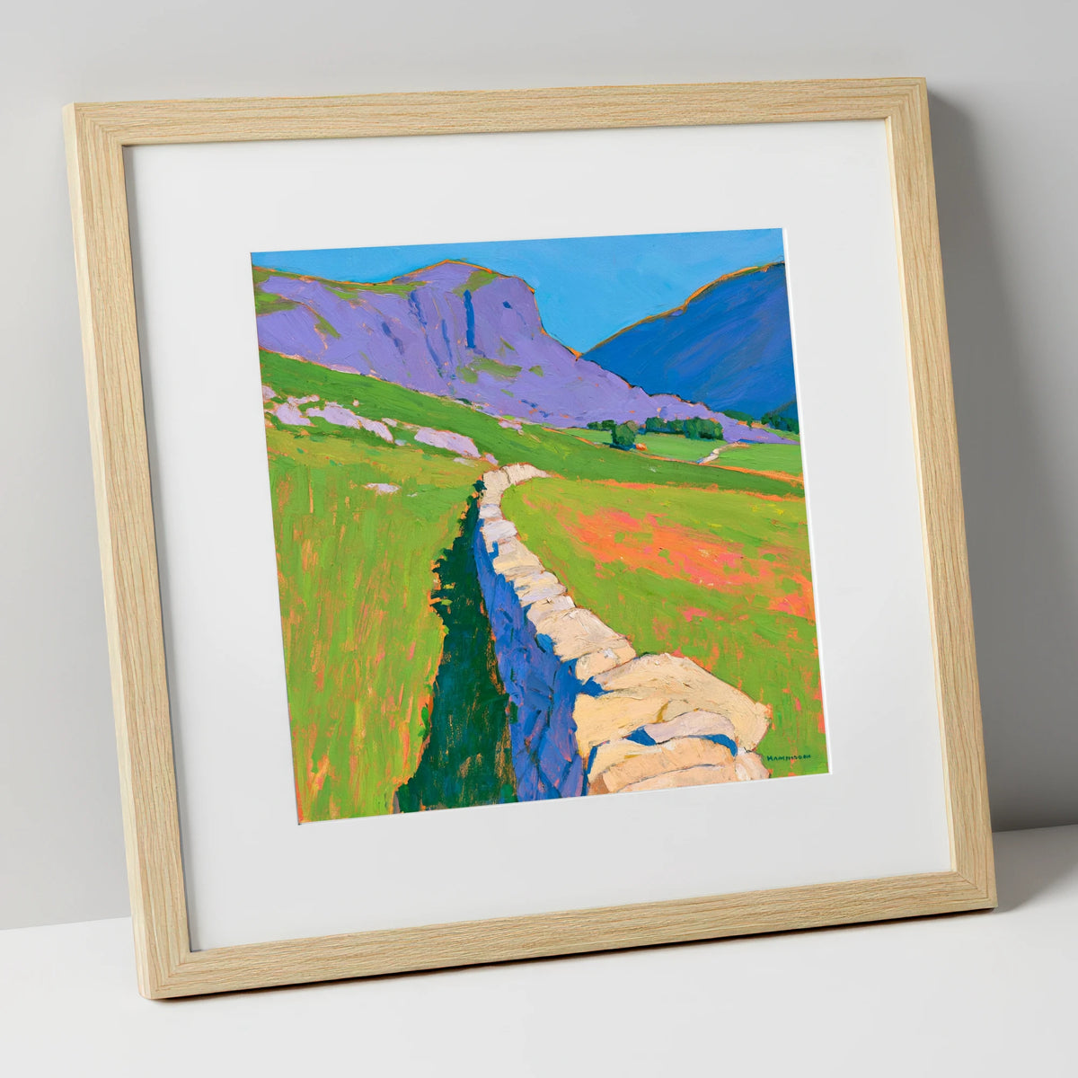 Vibrant Valley Drystone Wall lake district valley art print in natural frame