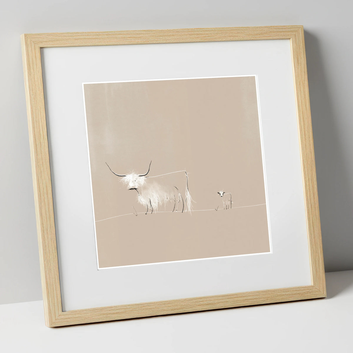 Highland Cattle on Warm Beige lake district wildlife art print in natural frame