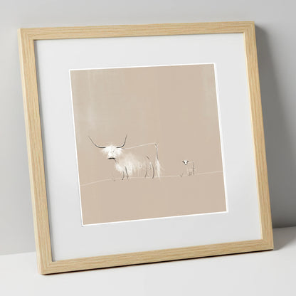 Highland Cattle on Warm Beige lake district wildlife art print in natural frame