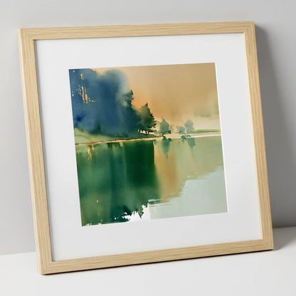 Calm Lake Reflections In Teal lake district lake art print in natural frame