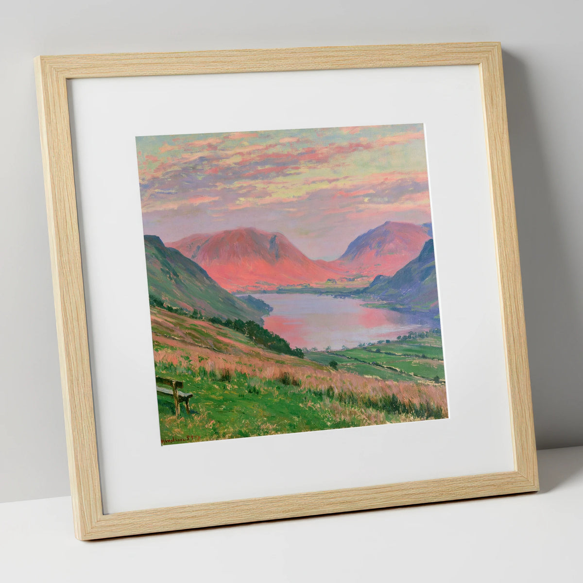 Loweswater Fells in Sunset Pink lake district lake art print in natural frame