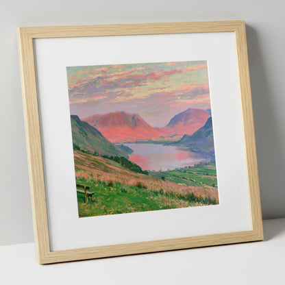Loweswater Fells in Sunset Pink lake district lake art print in natural frame