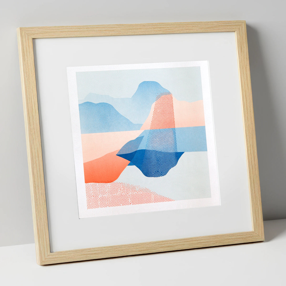Abstract Grasmere in Coral and Cerulean lake district lake art print in natural frame