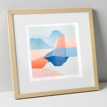 Abstract Grasmere in Coral and Cerulean lake district lake art print in natural frame