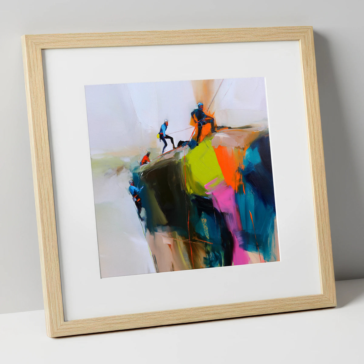 Crag Climbers in Vibrant Colour lake district walking art print in natural frame