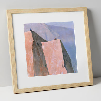 Climbers on a Pastel Crag lake district walking art print in natural frame